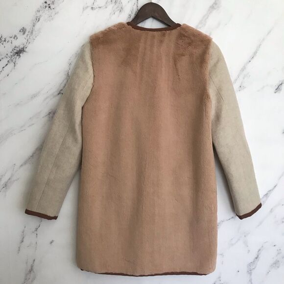 Madewell Colorblock Faux “Mink” Jacket coat tie front fall winter XS brown tan - Picture 6 of 11